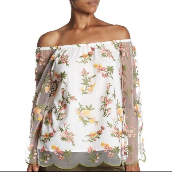 Nanette Lepore Floral Embroidered Off the Shoulder Mesh Blouse Women XS New - Picture 1 of 10